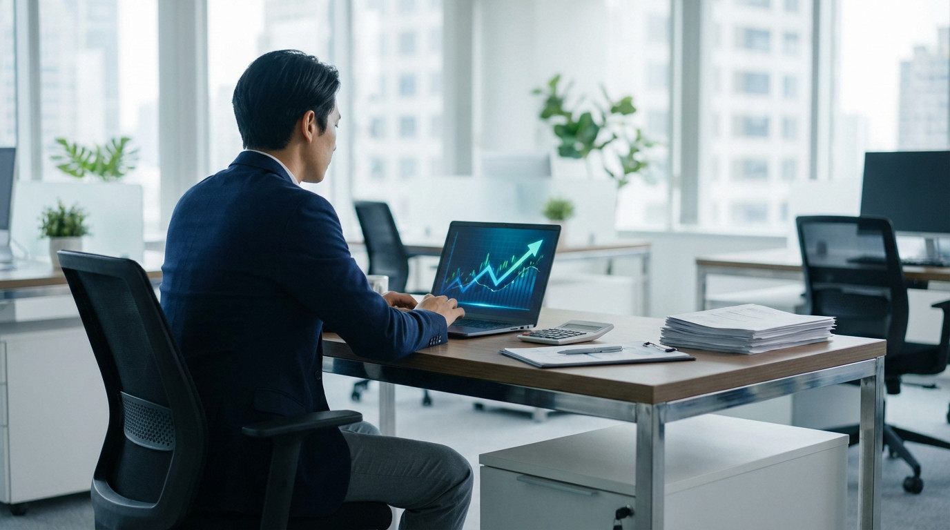 Man in modern office viewing laptop with upward financial growth chart. Desk has documents, calculator. Professional setting.