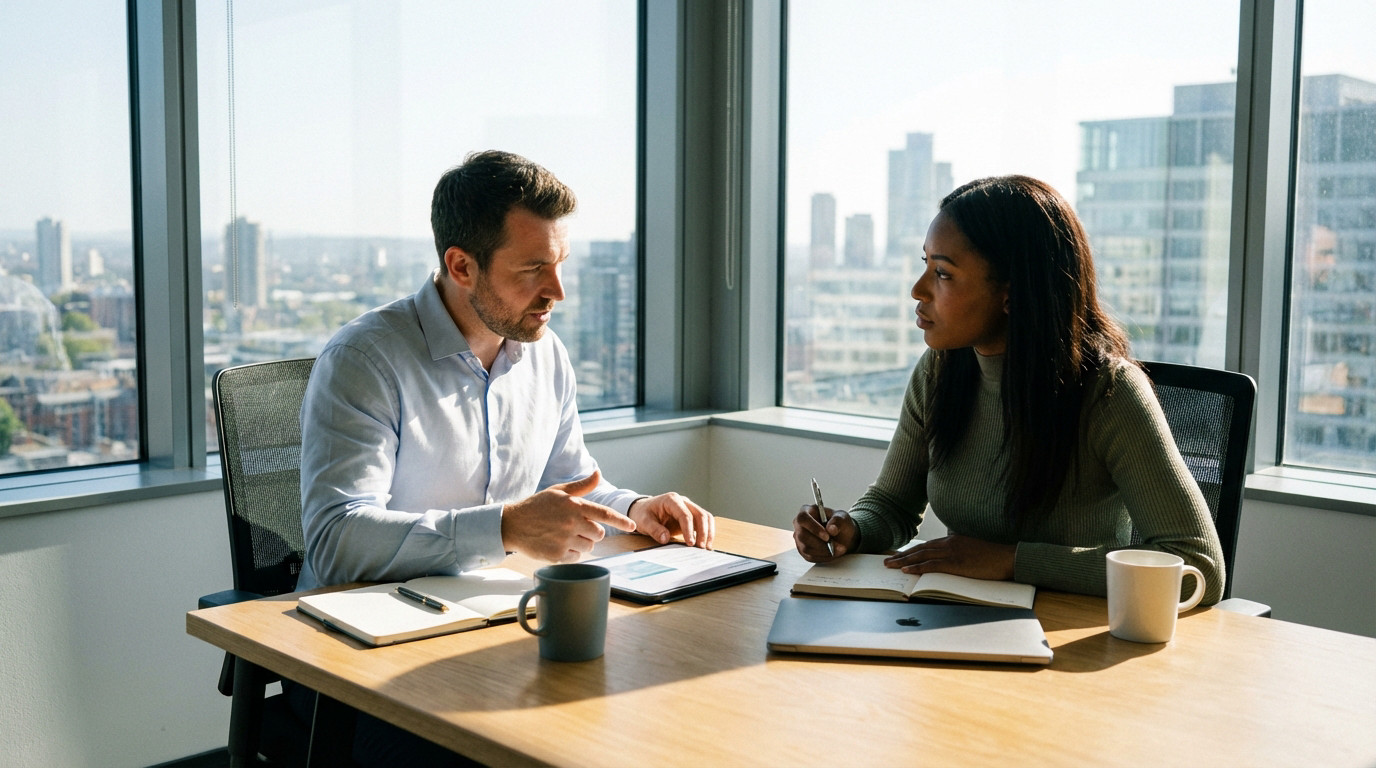 Consultant analysant un dossier lors d'un bilan de compétences professionnel