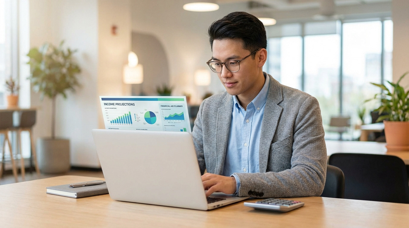 Young professional reviewing income projections and financial aid on a laptop in a modern, well-lit office.