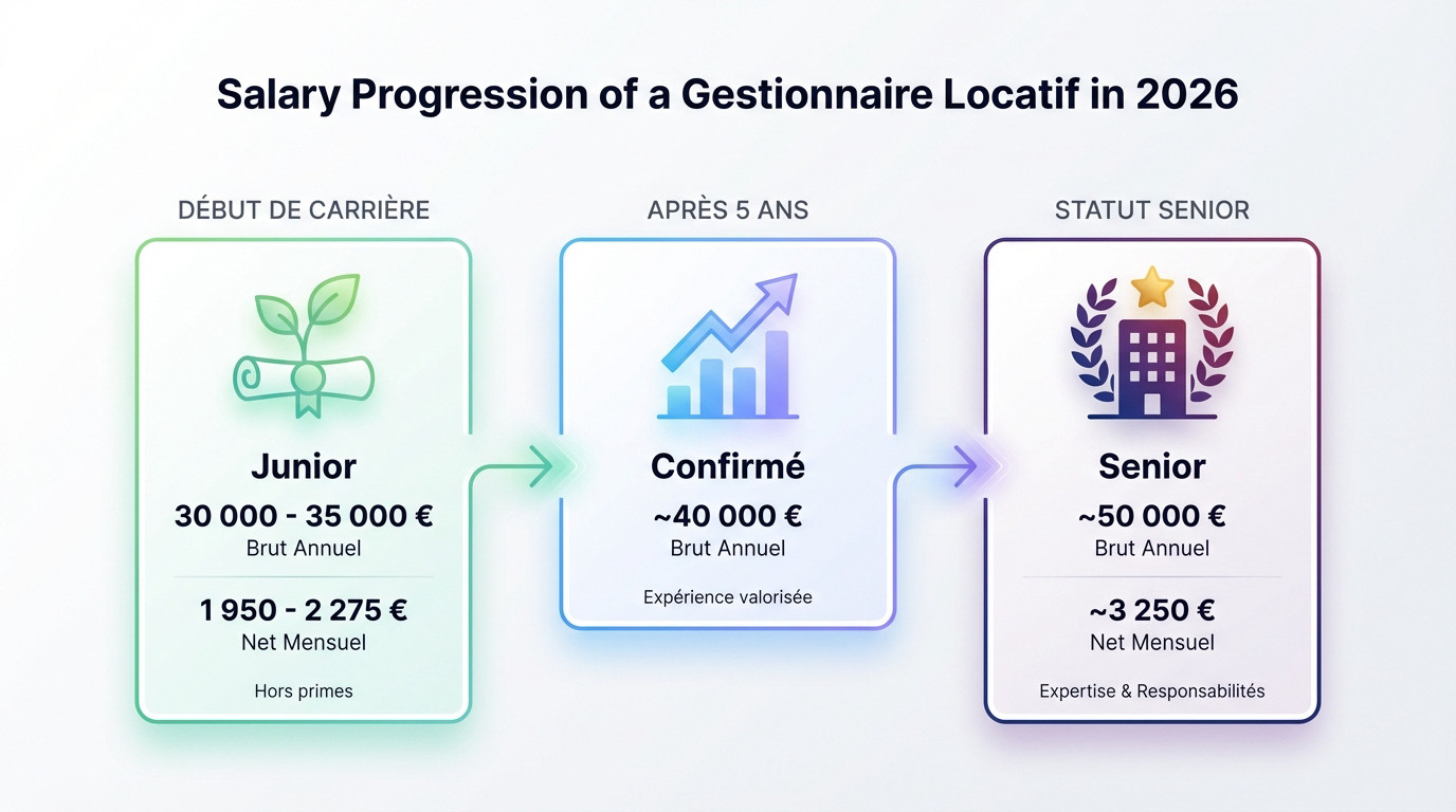 Graphique de l'évolution de la rémunération d'un gestionnaire locatif selon l'expérience en 2026