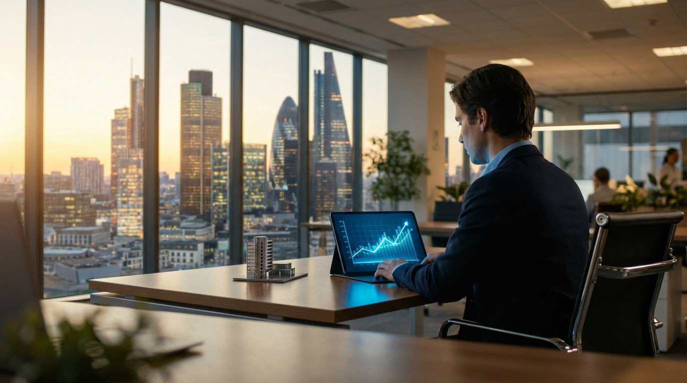 Man in an office overlooking a city skyline at dusk, analyzing a financial chart on a tablet. An architectural model is on the desk.