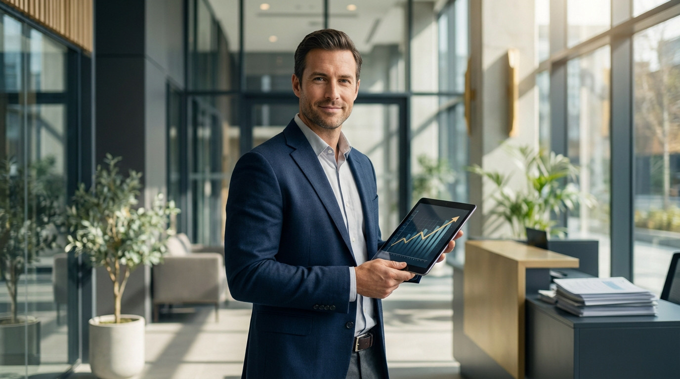 Homme d'affaires souriant avec tablette affichant un graphique de croissance, suggérant l'évolution des salaires.