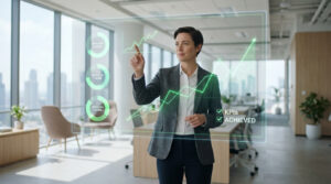 Une femme manager interagit avec des graphiques holographiques montrant la croissance et la réduction du churn dans un bureau moderne.