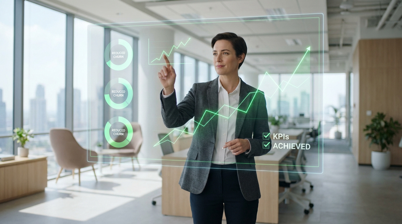 Une femme manager interagit avec des graphiques holographiques montrant la croissance et la réduction du churn dans un bureau moderne.
