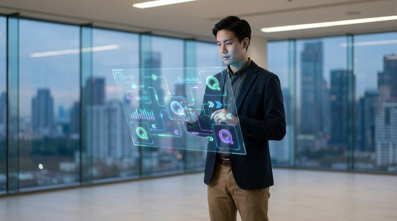 Homme interagit avec un écran holographique futuriste, affichant des graphiques et des icônes "Q". Vue urbaine en arrière-plan.
