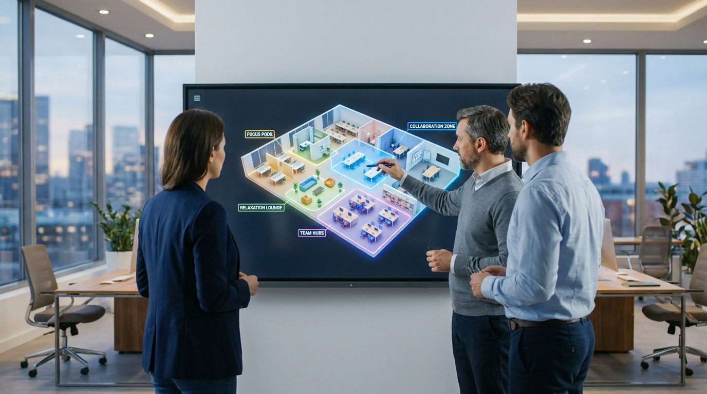 Trois professionnels discutent devant un écran interactif montrant le plan 3D d'un bureau moderne et optimisé.
